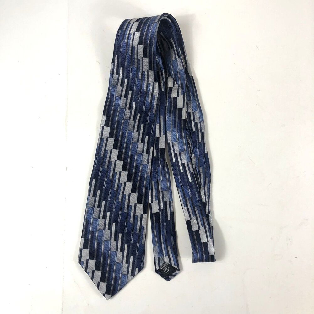MURANO ITALIA 100% Silk Necktie Blue Gray Abstract Tie Long Art Deco Made in USA